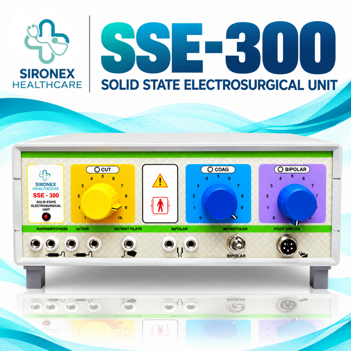 Sironex 300W analog monopolar bipolar cautery machine designed for precision tissue cutting, coagulation, and surgical procedures. Reliable electrosurgical generator with easy analog controls for hospitals, clinics, operating rooms, medical colleges, and professional healthcare applications.