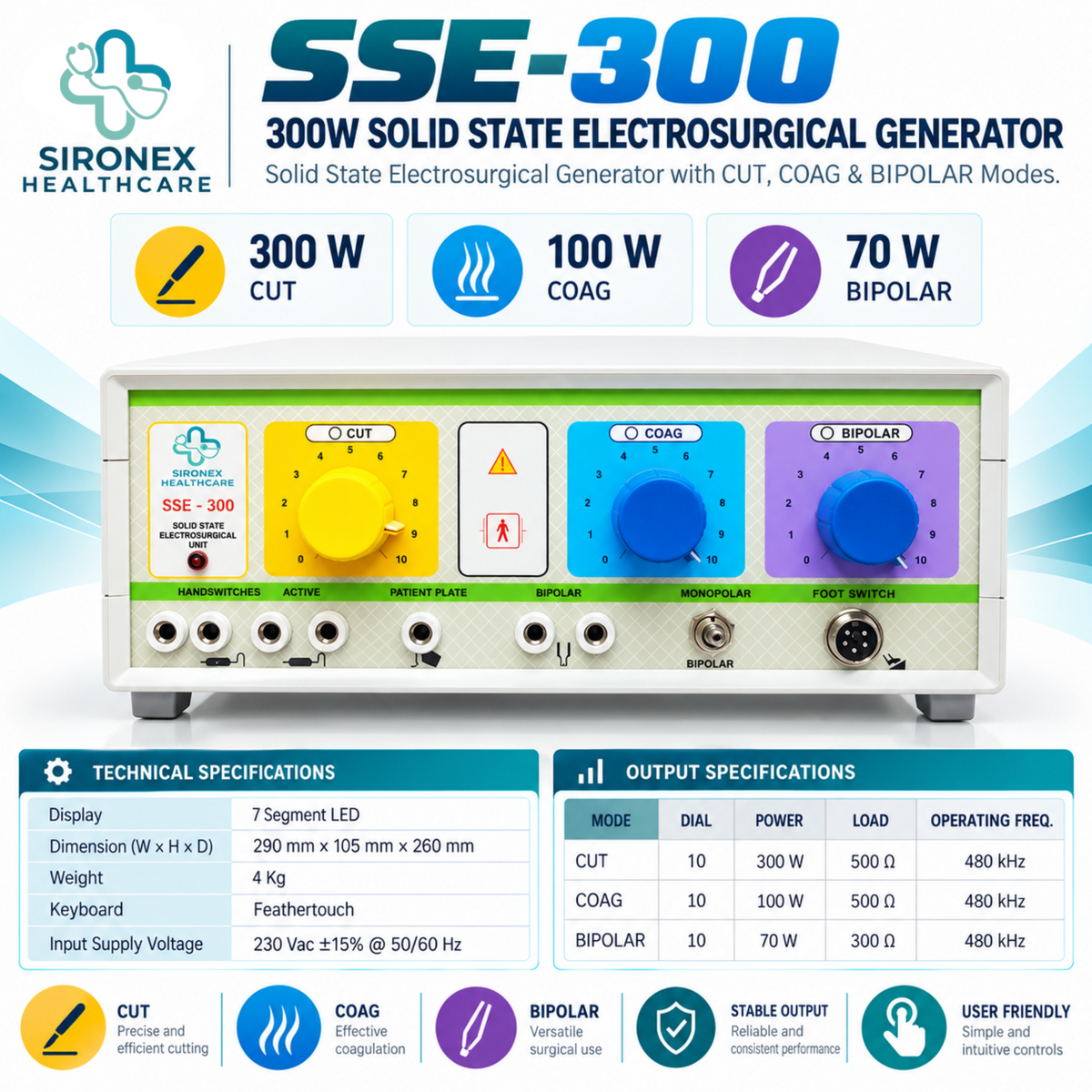 SSE-300 300W Electrosurgical Generator – Monopolar & Bipolar Cautery Machine