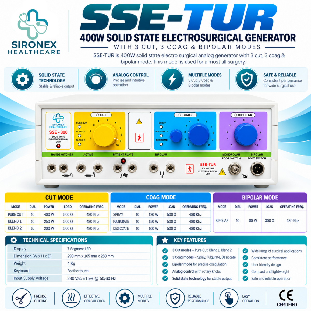 SSE-TUR 400W Electrosurgical Generator Monopolar Cut Coagulation & Bipolar Cautery Machine