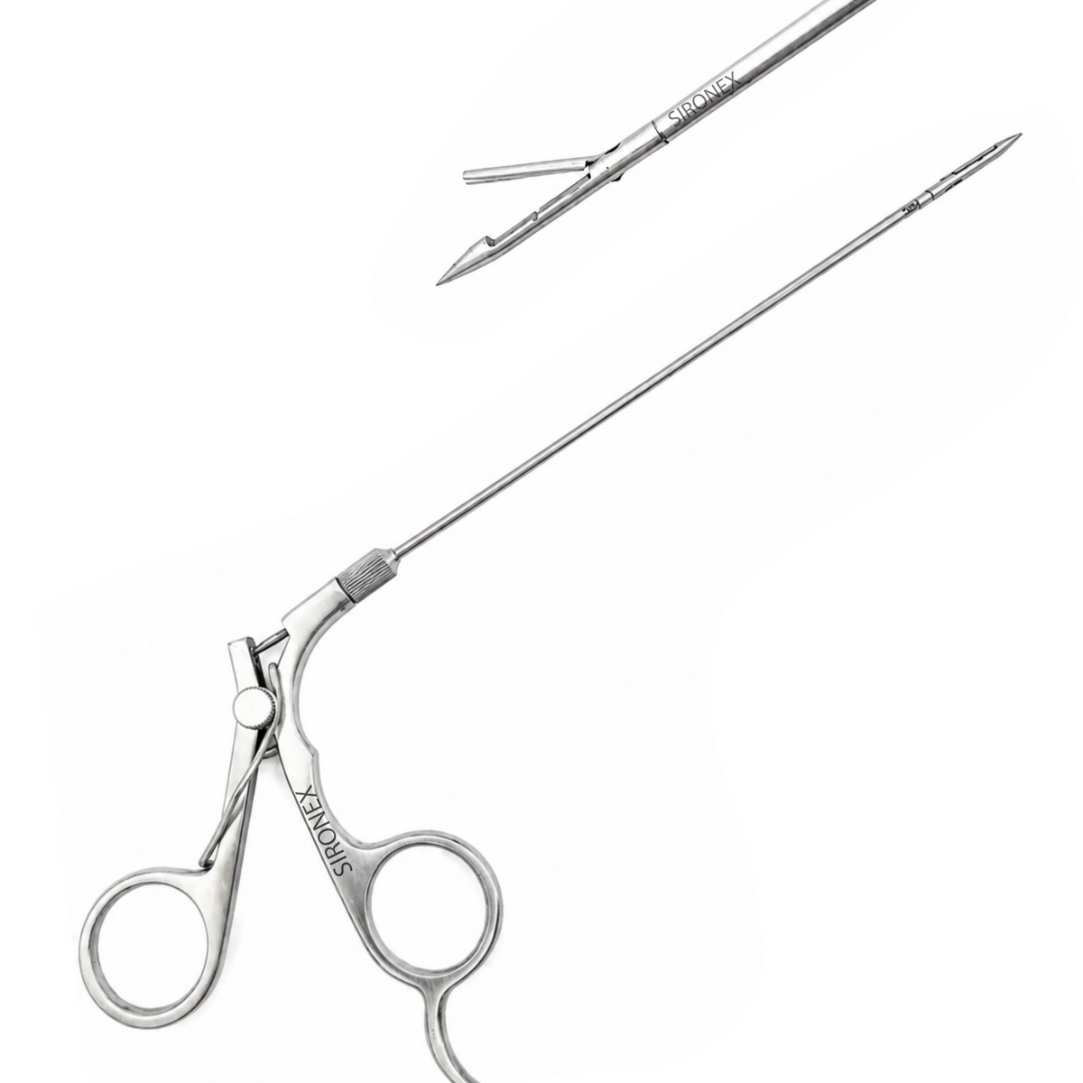 SIRONEX laparoscopic port closure suture passer needle 5mm reusable surgical instrument designed for laparoscopic trocar port-site and fascial closure. Surgical-grade stainless steel construction with precision needle design for controlled suture passage during minimally invasive surgery. Autoclavable and suitable for hospitals, surgical centers, general surgery, gynecology, and urology procedures.