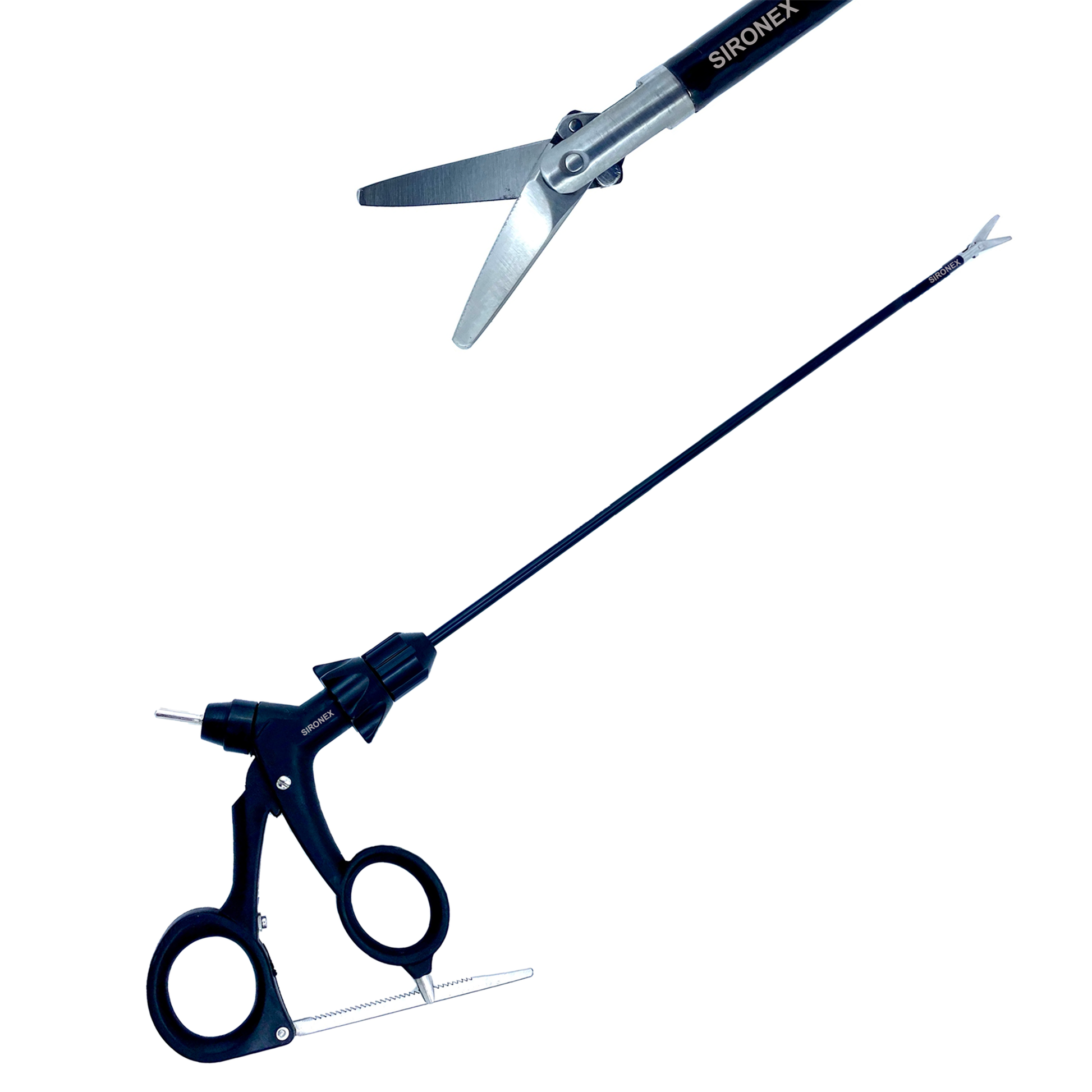 SIRONEX laparoscopic Storz scissor grasper 5mm x 330mm reusable surgical instrument manufactured from premium surgical-grade stainless steel for tissue grasping, cutting, dissection, and manipulation during minimally invasive laparoscopic surgery. Fully autoclavable and compatible with standard 5mm trocars, making it ideal for hospitals, surgical centers, medical colleges, and professional general surgery, gynecology, gastrointestinal surgery, and urology procedures.