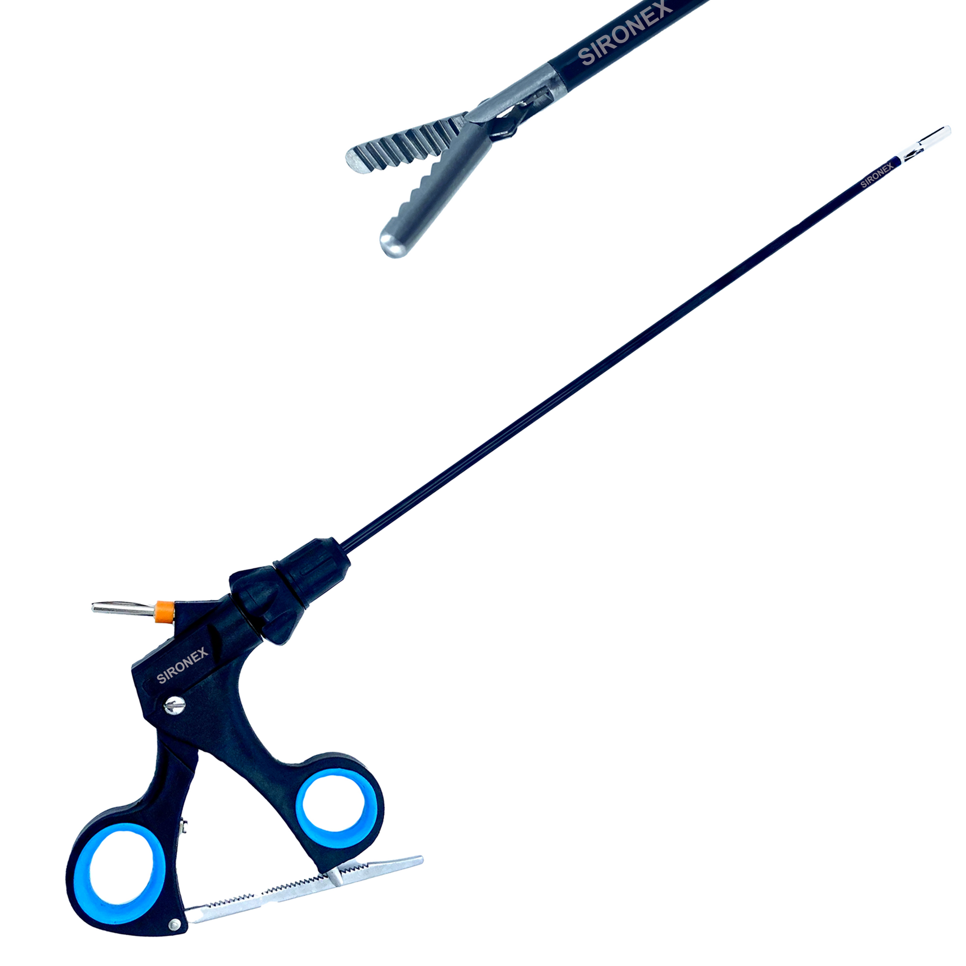 Sironex 5mm laparoscopic alligator grasping forceps with alligator jaw design and polished stainless steel construction. Reusable professional medical instrument designed for secure tissue holding in hospitals, clinics, healthcare facilities, and medical training environments with durable construction and ergonomic handling.
