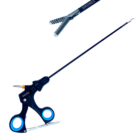 Sironex 5mm laparoscopic alligator grasping forceps with alligator jaw design and polished stainless steel construction. Reusable professional medical instrument designed for secure tissue holding in hospitals, clinics, healthcare facilities, and medical training environments with durable construction and ergonomic handling.