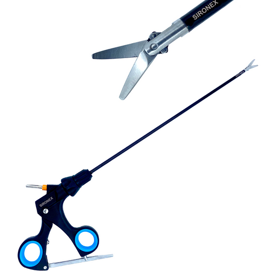 Sironex 5mm laparoscopic curved scissor cutting forceps with polished stainless steel construction and ergonomic design. Reusable professional medical instrument suitable for hospitals, clinics, healthcare facilities, and medical training environments, offering durable construction and reliable everyday performance.