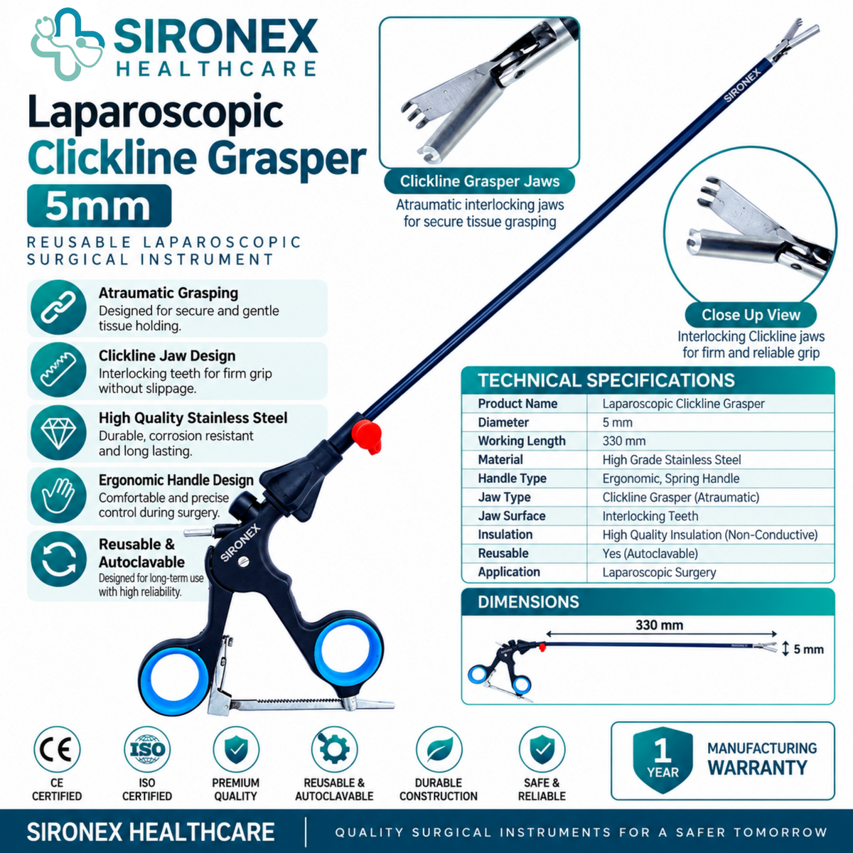 Main Product Image
SIRONEX Laparoscopic Clickline Grasper 5mm Reusable Surgical Forceps
Full Instrument
SIRONEX 5mm 330mm Laparoscopic Clickline Grasper Surgical Instrument
Jaw Close-Up
SIRONEX Laparoscopic Clickline Grasper Surgical Jaw Close Up
Handle Detail
SIRONEX Laparoscopic Clickline Grasper Ergonomic Ring Handle
Product Detail
SIRONEX 5mm Reusable Laparoscopic Clickline Tissue Grasper