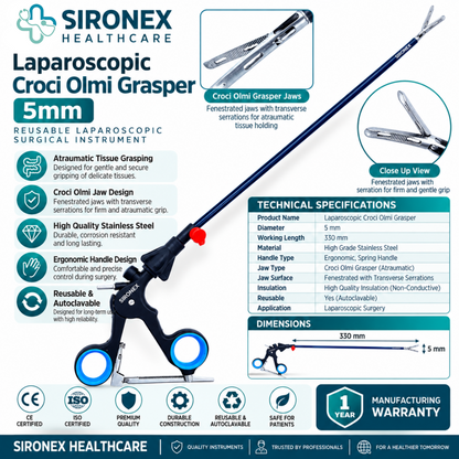 Main Product Image
SIRONEX Laparoscopic Croci Olmi 5mm Reusable Surgical Forceps
Full Instrument
SIRONEX 5mm 330mm Laparoscopic Croci Olmi Forceps
Jaw Close-Up
SIRONEX Laparoscopic Croci Olmi Grasper Jaw Close Up
Handle Detail
SIRONEX Laparoscopic Croci Olmi Forceps Ergonomic Ring Handle
Product Detail
SIRONEX 5mm Reusable Laparoscopic Croci Olmi Tissue Grasper