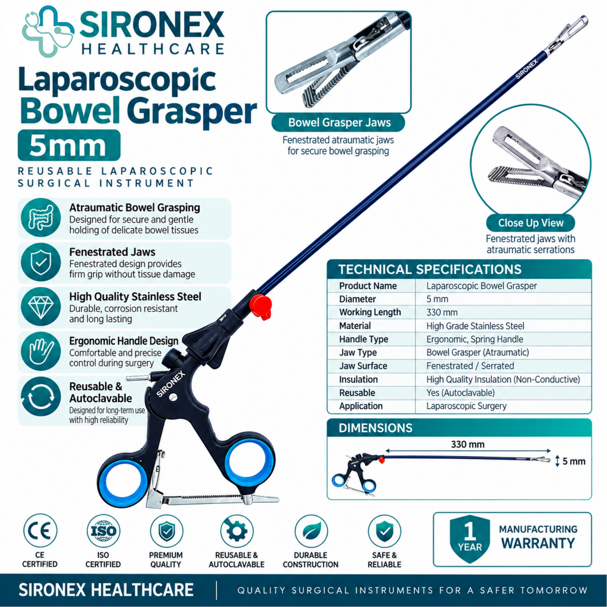 Main Product Image
SIRONEX Laparoscopic Bowel Grasper 5mm Reusable Surgical Forceps
Full Instrument
SIRONEX 5mm 330mm Laparoscopic Bowel Grasper Surgical Instrument
Jaw Close-Up
SIRONEX Laparoscopic Bowel Grasper Specialized Jaw Close Up
Handle Detail
SIRONEX Laparoscopic Bowel Grasper Ergonomic Ring Handle
Product Detail
SIRONEX 5mm Laparoscopic Bowel Tissue Grasper
