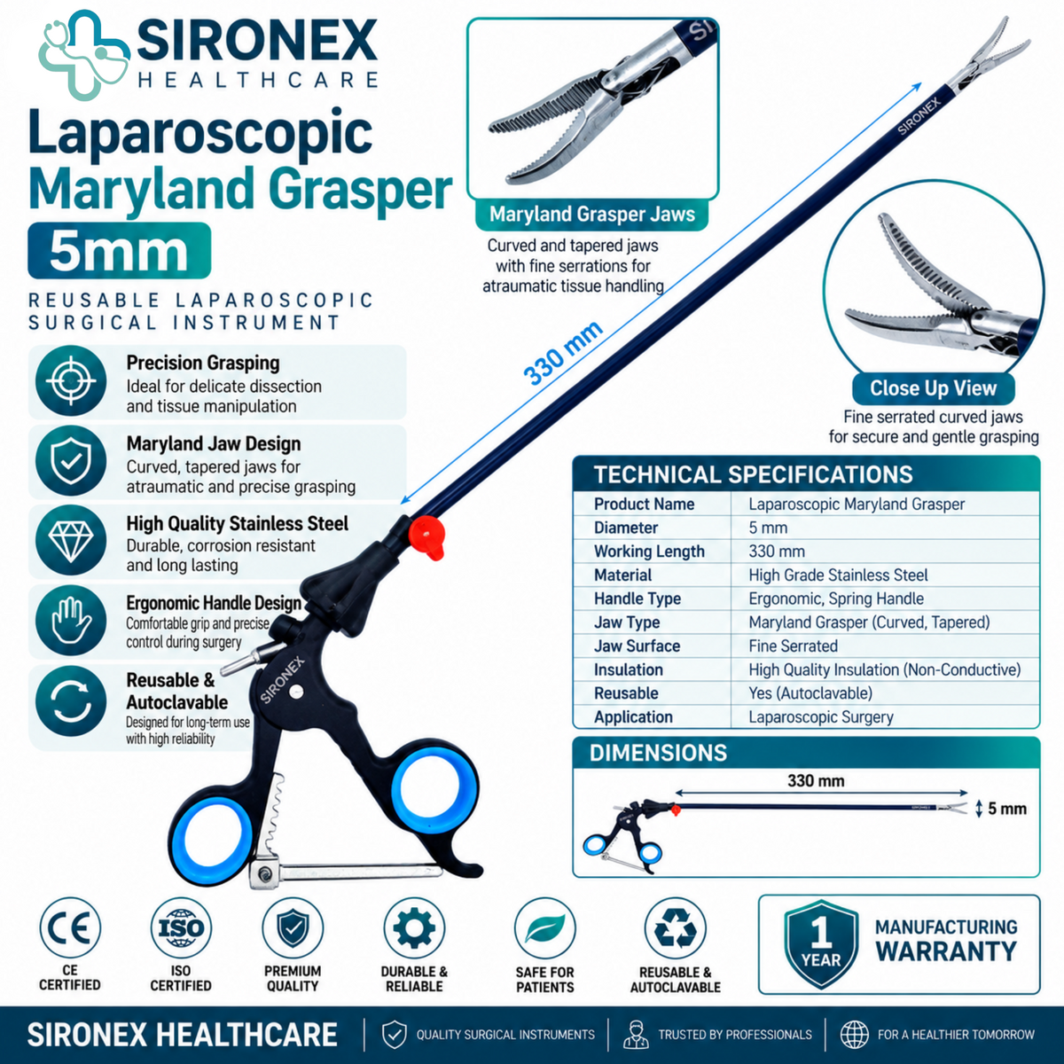 Main Product Image
SIRONEX Laparoscopic Maryland Grasper 5mm Reusable Surgical Forceps
Full Instrument
SIRONEX 5mm 330mm Laparoscopic Maryland Grasper Surgical Instrument
Jaw Close-Up
SIRONEX Laparoscopic Maryland Grasper Curved Jaw Close Up
Handle Detail
SIRONEX Laparoscopic Maryland Grasper Ergonomic Ring Handle
Product Detail
SIRONEX 5mm Reusable Laparoscopic Maryland Tissue Grasper