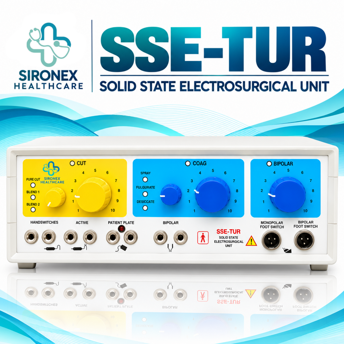 SIRONEX Healthcare SSE-TUR 400W analog electrosurgical generator with rotary dial controls, three monopolar cutting modes, three coagulation modes, and bipolar function.