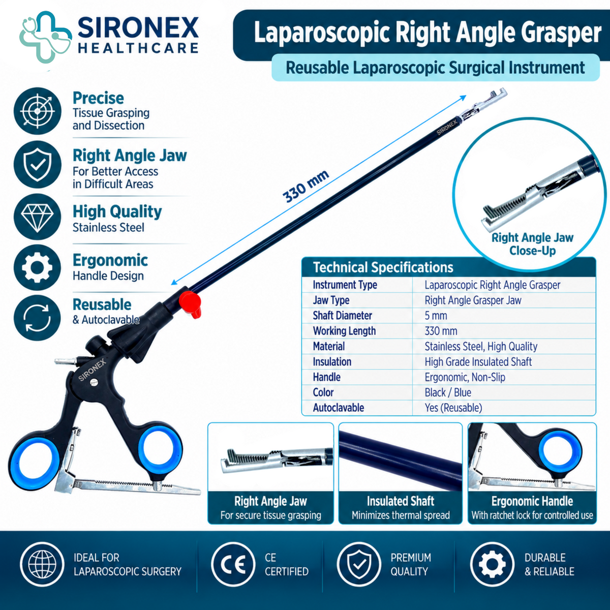 Main Product Image
SIRONEX Laparoscopic 90 Degree Grasper 5mm Reusable Surgical Forceps
Full Instrument
SIRONEX 5mm 330mm Laparoscopic 90 Degree Grasper Surgical Instrument
Jaw Close-Up
SIRONEX 90 Degree Laparoscopic Grasper Angled Jaw Close Up
Handle Detail
SIRONEX Laparoscopic 90 Degree Grasper Ergonomic Ring Handle
Product Detail
SIRONEX 5mm Laparoscopic Angled Grasper with 90 Degree Jaw