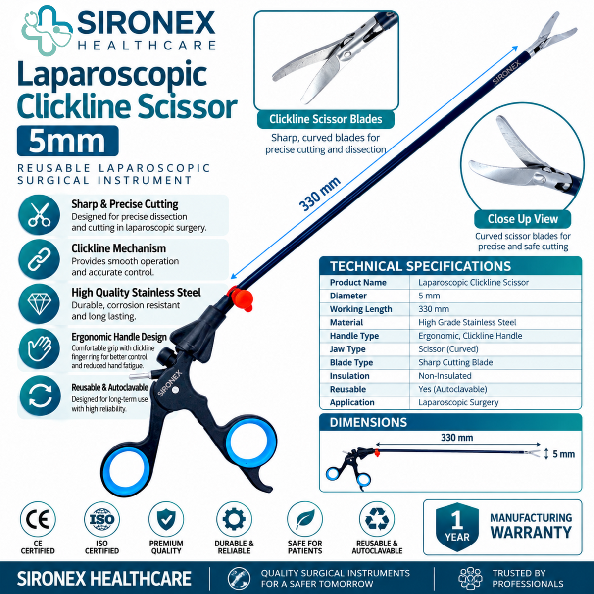 Main Product Image
SIRONEX Laparoscopic Clickline Scissors 5mm Reusable Surgical Instrument
Full Instrument
SIRONEX 5mm 330mm Laparoscopic Clickline Surgical Scissors
Blade Close-Up
SIRONEX Laparoscopic Clickline Scissor Blade Close Up
Handle Detail
SIRONEX Laparoscopic Clickline Scissors Ergonomic Handle
Product Detail
SIRONEX 5mm Reusable Laparoscopic Clickline Surgical Scissors