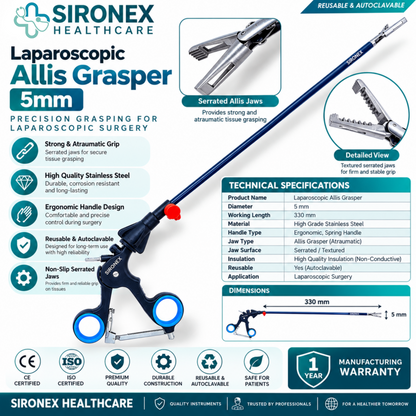Laparoscopic Allis Grasper 5mm Reusable Surgical Forceps