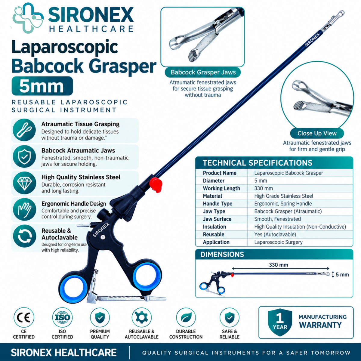 Main Product Image
SIRONEX Laparoscopic Babcock Grasper 5mm Reusable Surgical Forceps
Full Instrument
SIRONEX 5mm 330mm Laparoscopic Babcock Grasper Surgical Instrument
Jaw Close-Up
SIRONEX Laparoscopic Babcock Grasper Atraumatic Jaw Close Up
Handle Detail
SIRONEX Laparoscopic Babcock Grasper Ergonomic Ring Handle
Product Detail
SIRONEX 5mm Laparoscopic Babcock Atraumatic Tissue Grasper

