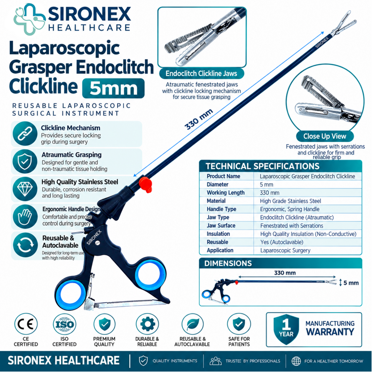 Main Product Image
SIRONEX Laparoscopic Clickline Endoclinch 5mm Reusable Surgical Grasper
Full Instrument
SIRONEX 5mm 330mm Laparoscopic Clickline Endoclinch Surgical Instrument
Jaw Close-Up
SIRONEX Laparoscopic Clickline Endoclinch Grasper Jaw Close Up
Handle Detail
SIRONEX Laparoscopic Clickline Endoclinch Ergonomic Ring Handle
Product Detail
SIRONEX 5mm Reusable Laparoscopic Endoclinch Tissue Grasper