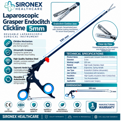 Main Product Image
SIRONEX Laparoscopic Clickline Endoclinch 5mm Reusable Surgical Grasper
Full Instrument
SIRONEX 5mm 330mm Laparoscopic Clickline Endoclinch Surgical Instrument
Jaw Close-Up
SIRONEX Laparoscopic Clickline Endoclinch Grasper Jaw Close Up
Handle Detail
SIRONEX Laparoscopic Clickline Endoclinch Ergonomic Ring Handle
Product Detail
SIRONEX 5mm Reusable Laparoscopic Endoclinch Tissue Grasper