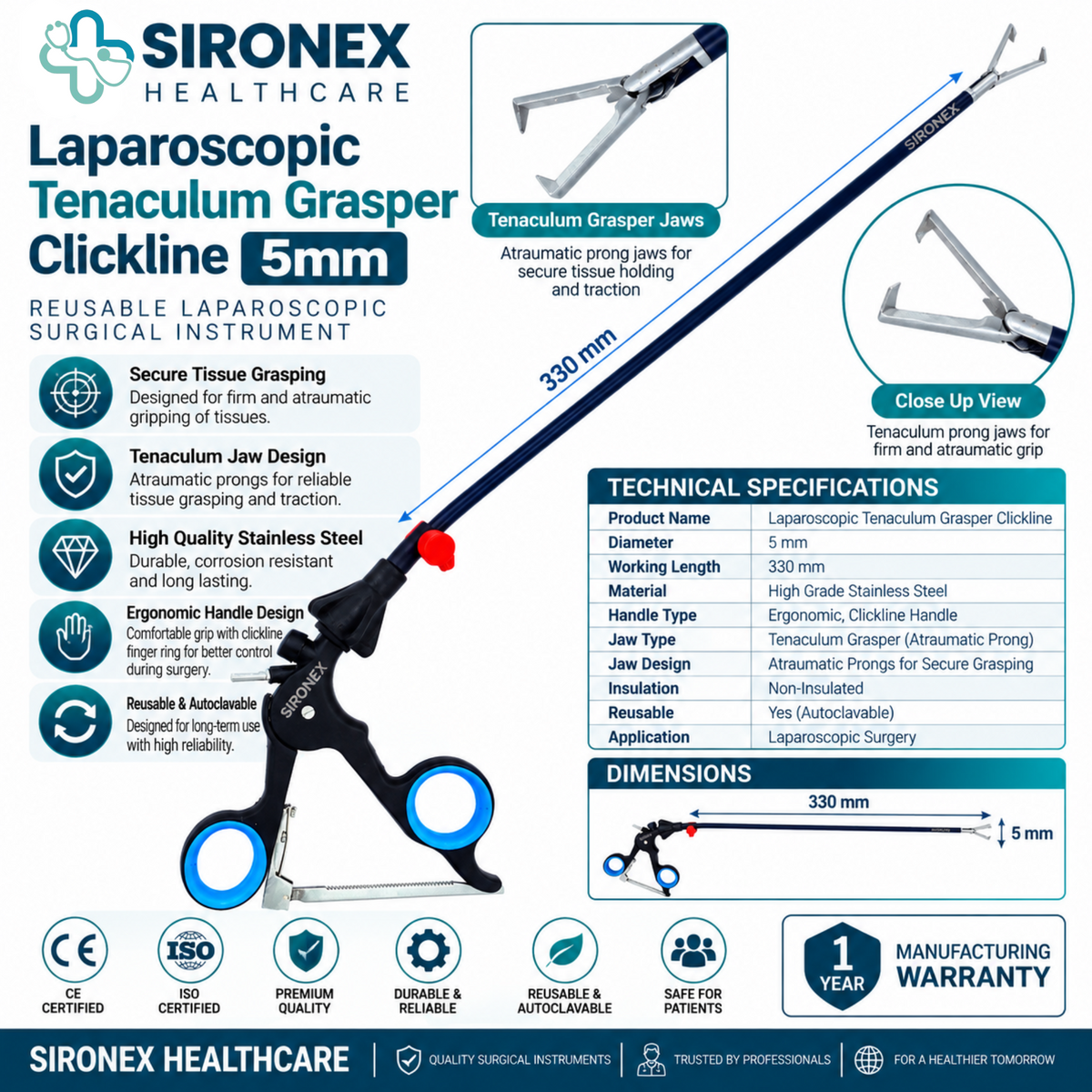 Main Product Image
SIRONEX Laparoscopic Tenaculum Grasper 5mm Reusable Surgical Forceps
Full Instrument
SIRONEX 5mm 330mm Laparoscopic Tenaculum Grasper Surgical Instrument
Jaw Close-Up
SIRONEX Laparoscopic Tenaculum Grasper Jaw Close Up
Handle Detail
SIRONEX Laparoscopic Tenaculum Grasper Ergonomic Ring Handle
Product Detail
SIRONEX 5mm Reusable Laparoscopic Tenaculum Tissue Grasper
