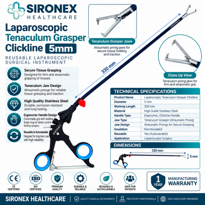 Main Product Image
SIRONEX Laparoscopic Tenaculum Grasper 5mm Reusable Surgical Forceps
Full Instrument
SIRONEX 5mm 330mm Laparoscopic Tenaculum Grasper Surgical Instrument
Jaw Close-Up
SIRONEX Laparoscopic Tenaculum Grasper Jaw Close Up
Handle Detail
SIRONEX Laparoscopic Tenaculum Grasper Ergonomic Ring Handle
Product Detail
SIRONEX 5mm Reusable Laparoscopic Tenaculum Tissue Grasper

