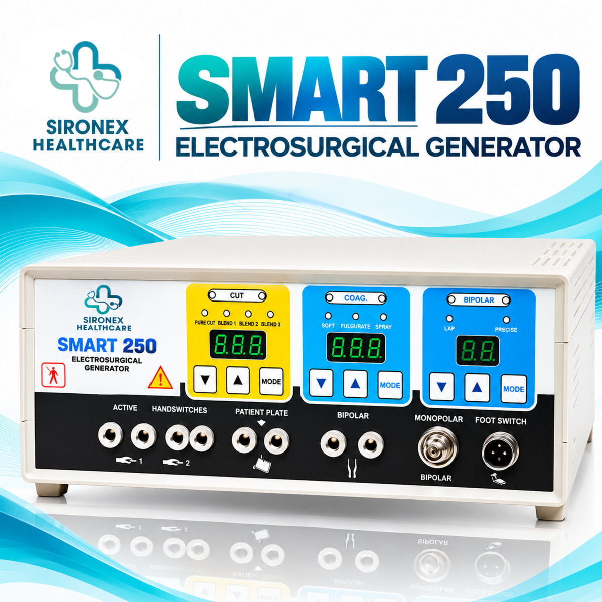 The Sironex SMART-250 is a compact and reliable 250W digital electrosurgical unit designed for precision cutting, coagulation, and routine surgical procedures. Featuring intelligent digital controls and stable energy delivery, it offers dependable performance for hospitals, clinics, day-care surgical centers, and operating rooms.