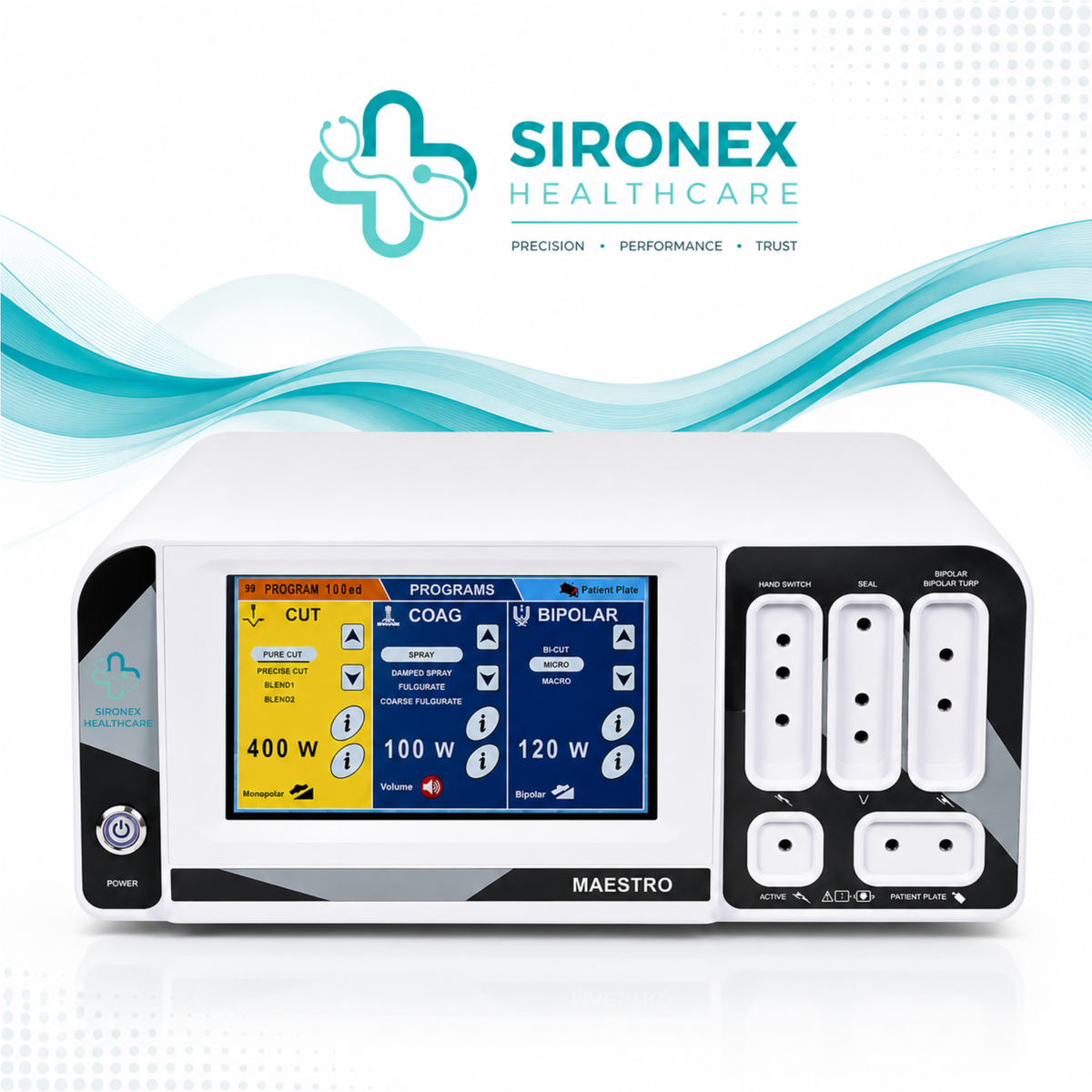 Main Product Image
SIRONEX MAESTRO 400W Bipolar TURP System and Electrosurgical Generator
Front Product Image
SIRONEX MAESTRO Bipolar TURP Electrosurgical Unit with Touchscreen Display
Control Panel
SIRONEX MAESTRO 400W Electrosurgical Generator Touchscreen Control Panel
Technical Specification Image
SIRONEX MAESTRO 400W Bipolar TURP System Technical Specifications
Bipolar TURP Image
SIRONEX MAESTRO Bipolar TURP and Saline Plasma Resection System
Vessel Sealer Image
SIRONEX MAESTRO 150W Vessel Sealing Mode 