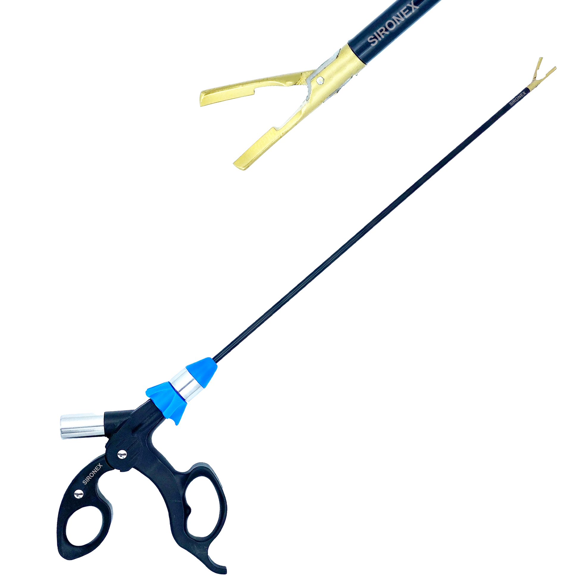 Sironex 5mm laparoscopic bipolar shearer featuring a curved gold jaw design, ergonomic handle, and polished stainless steel construction. Reusable professional healthcare instrument designed for hospitals, clinics, healthcare facilities, distributors, and medical training environments requiring durable and high-quality medical equipment.